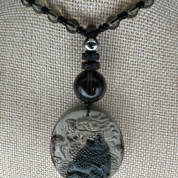 Black and Grey Polychrome Jasper Dragon Pendant Necklace on Beaded Cord - Picture 10 of 10